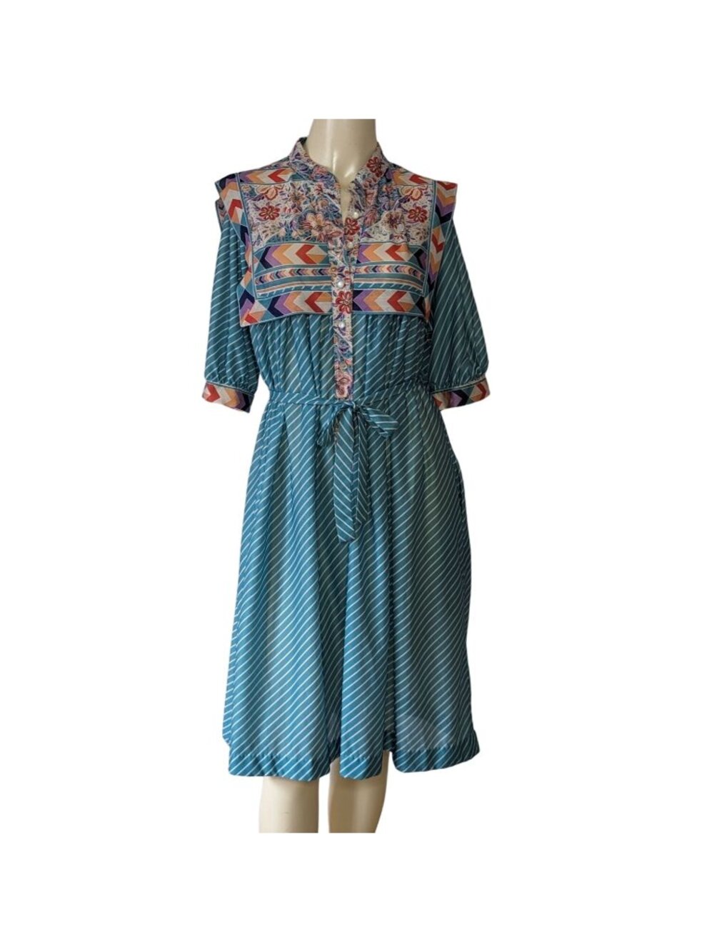Vintage Monica Richards Womens Dress 16 Blue Floral Sheer Midi A Line Made USA - Picture 8 of 9